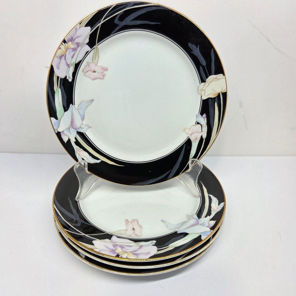 Mikasa CHARISMA BLACK Set Of 4 Floral 7 1/2" Salad Plates Unused Condition Nice